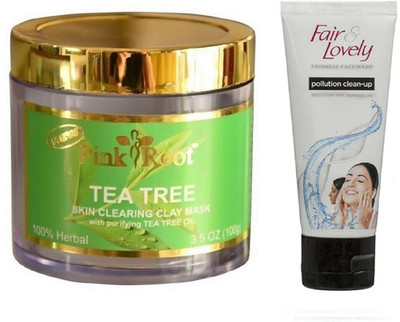 

Pink Root TEA TREE MASK 100G WITH FAIR & LOVELY POLLUTION CLEAN-UP FACE WASH(Set of 2)
