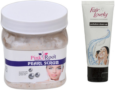 

Pink Root PEARL SCRUB 500ML WITH FAIR & LOVELY POLLUTION CLEAN-UP FACE WASH(Set of 2)