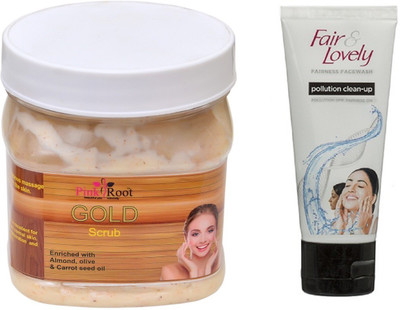 

Pink Root GOLD SCRUB 500ML WITH FAIR & LOVELY POLLUTION CLEAN-UP FACE WASH(Set of 2)