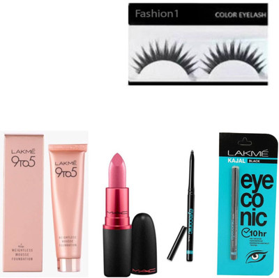 

FASHION 1 COMBO SETS EYELASH ,EYECONIC KAJAL ,9 TO 5 FOUNDATION MATTE LIPSTICK (SET TO 4)(Set of 4)