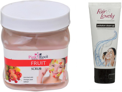 

Pink Root FRUIT SCRUB 500ML WITH FAIR & LOVELY POLLUTION CLEAN-UP FACE WASH(Set of 2)