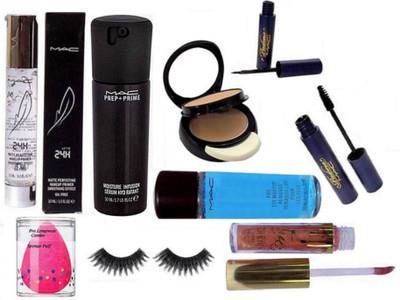 

Pro longwear combo Sponge Puff,Mac Two Way Compact, Prep+Prime Serum, 24 Smoothing Primer, Padma Liquid Eyeliner, Mascara, Eye makeup Remover, Eyelashes & Kylie Matte Liquid Lipgloss(Set of 9)