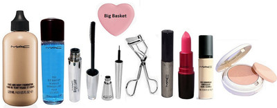 

big Basket Silicon Puff, Face and Body Mac Foundation, Makeup Remover, Candy Eyeliner & Mascara, Eyeliner, concealer, Lipstick, Lightful Compact with Eyelashes Curler(Set of 10)