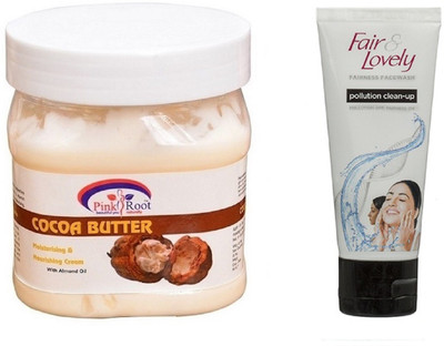 

Pink Root COCOA BUTTER CREAM 500ML WITH FAIR & LOVELY POLLUTION CLEAN-UP FACE WASH(Set of 2)