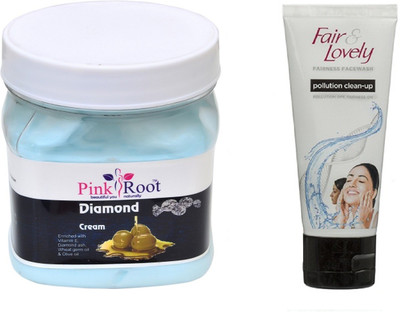 

Pink Root DIAMOND CREAM 500ML WITH FAIR & LOVELY POLLUTION CLEAN-UP FACE WASH(Set of 2)