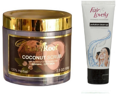 

Pink Root COCONUT SCRUB 100G WITH FAIR & LOVELY POLLUTION CLEAN-UP FACE WASH(Set of 2)