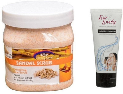 

Pink Root SANDAL SCRUB 500ML WITH FAIR & LOVELY POLLUTION CLEAN-UP FACE WASH(Set of 2)