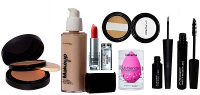 

catherine Sponge puff, Lakme 9to5 Enrich Matte Lipstick, Mac makeup pro long wear spf 30 foundation, powder plus Foundation Two Way Compact, Liquid Last EyeLiner, Eyeshadow Fard A Joues Mineralize& hauty and naughty Lash mascara(Set of 7)