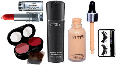 

Professional kit Eyelashes,studio water weight liquid foundatiion, Mac Pre+Primer Moisture Infusion Serum Hydratant& Mac 2 Shade Blusher& Lakme 9to5 Enrich Matte Lipstick(Set of 5)