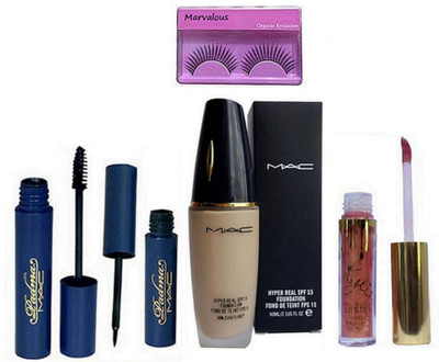 

marvalous Eyelashes,Mac Hyper Real Foundation, Padma Eyeliner & Mascara,Kylie Liquid Lip Gloss(Set of 5)