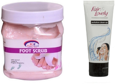 Pink Root FOOT SCRUB 500ML WITH FAIR & LOVELY POLLUTION CLEAN-UP FACE WASH(Set of 2)