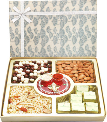 

Ghasitaram Gifts Chocolates- Grey Print Almonds, Namkeen, Nutties and Chocolate Box with Mini Pooja Thali Combo(6)