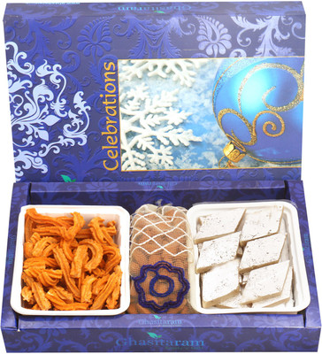 

Ghasitaram Gifts Sweet Hampers-Kaju Katli,Soya Sticks and Almonds Pouch Hamper Combo(3)