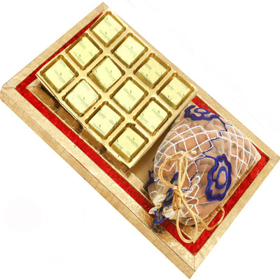 

Ghasitaram Gifts Chocolates- Red and Gold 8 pcs Chocolates- and Almond Pouch Tray Combo(3)