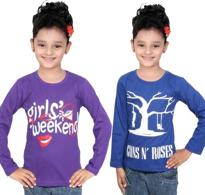 Girls Shopping Girls Printed Cotton Blend Regular T Shirt(Blue, Pack of 2)