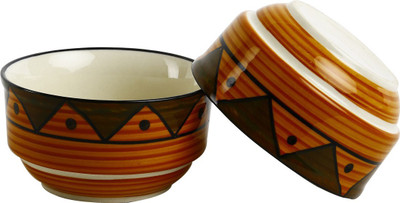 

Caffeine Handmade Tribal Print Influenced Katori Soup Bowl (Set of 2) Stoneware Bowl Set(Orange, Green, Pack of 2)