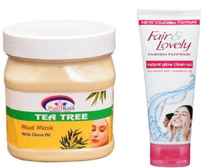 Pink Root TEA TREE MASK 500ML WITH FAIR & LOVELY INSTANT GLOW CLEAN-UP FACE WASH(Set of 2)