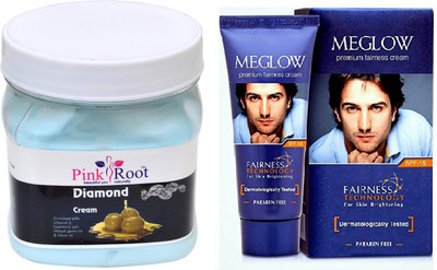 

Pink Root DIAMOND CREAM 500ML WITH MEGLOW MEN FAIRNESS CREAM (SPF-15)(Set of 2)