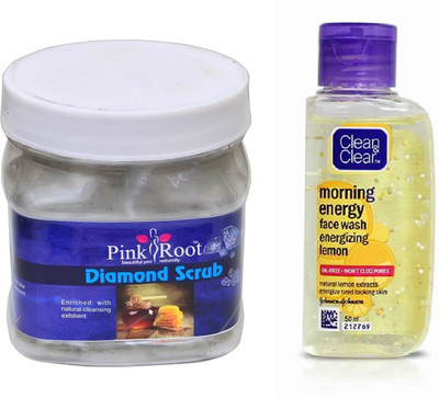 Pink Root DIAMOND SCRUB 500ML WITH CLEAN & CLEAR LEMON FACE WASH(Set of 2)