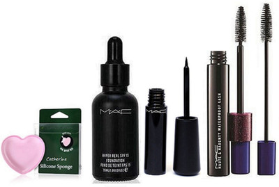 

CATHERINE Silicon Puff With Mac Hyper Real Foundation & Liquid Eyeliner With Double effect Mascara(Set of 4)