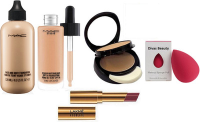 

divas beauty sponge puff , mac studio water weight liquid foundation , studio fix powder plus compact with absolute argan lip color lipstick, Liquid Foundation Face & Body 120 ml(Set of 5)