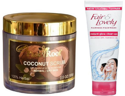 

Pink Root COCONUT SCRUB 100G WITH FAIR & LOVELY INSTANT GLOW CLEAN-UP FACE WASH(Set of 2)