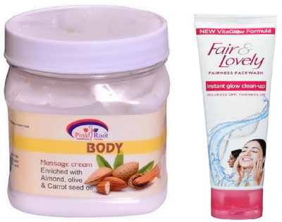 

Pink Root BODY MASSAGE CREAM 500ML WITH FAIR & LOVELY INSTANT GLOW CLEAN-UP FACE WASH(Set of 2)