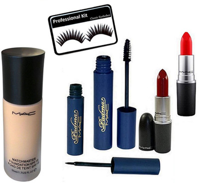 

Professional kit Eyelashes&Mac Match Master Foundation ,Padma Eyeliner & Mascara,Matte Finish Lipstick Red,Maroon Pack Of 2(Set of 6)