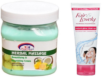 

Pink Root HERBAL MASSAGE CREAM 500ML WITH FAIR & LOVELY INSTANT GLOW CLEAN-UP FACE WASH(Set of 2)