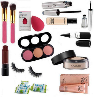 

Pro longwear combo Sponge Puff, Mac 3 Shade Blusher, Loose Powder, Pro Long wear concealer, Stick k., Brook Candy Liner & Mascara, Liptensity Lipstick, 9to5 Weightless Mousse Foundation, Make up Brush 2 With Eyelashes and Magic Napkin Pack of 3(Set of 15)