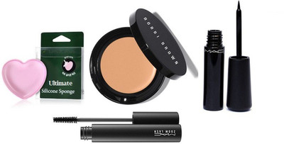 

Ultimate Silicon Puff And With Bobbi Brown Corrector Concealer With Mac Liquid Eyeliner And mascara(Set of 4)