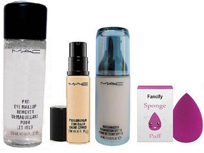 

Fancify sponge puff , MAC Match Master SPF15 Make-Up Foundation with pro long wear concealer & pro eye makeup remover(Set of 4)