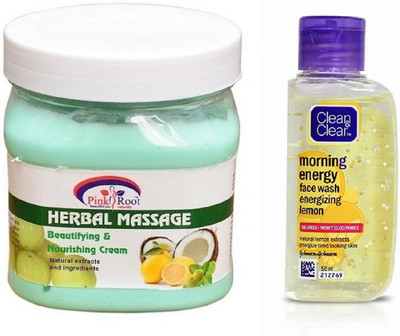 

Pink Root HERBAL MASSAGE CREAM 500ML WITH CLEAN & CLEAR LEMON FACE WASH(Set of 2)