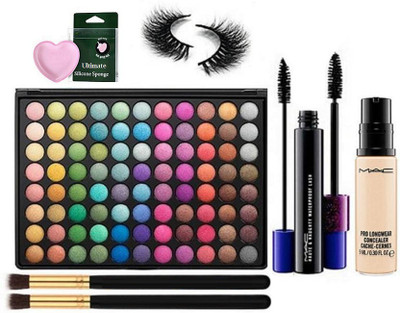 

Ultimate Silicon Puff & makeup brush 2 pcs & mac professional 88 shade multi color eyeshadow palette & mac haute & naughty waterproof mascara & mac pro longwear liquid concealer & eyelashes(Set of 7)