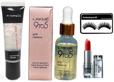 

Professional kit Eyelashes, lakme Gold Radiance Youth Infinity Skin Sculpting Face Serum& Mac Mattifying Base Primer& Lakme 9to5 Enrich Matte Lipstick(Set of 4)