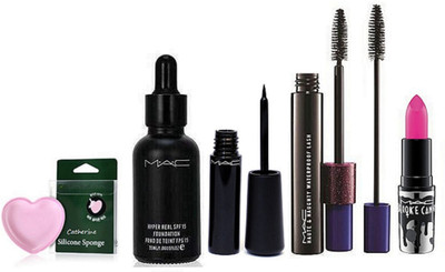 

CATHERINE Silicon puff With Mac Hyper Real & Liquid Eyeliner With Mascara,Brooke candy Lipstick(Set of 5)