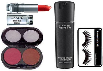 

Professional kit Eyelashes, Mac 2 Shade Blusher & Pre+Primer Moisture Infusion Serum Hydratant& Lakme 9to5 Enrich Matte Lipstick(Set of 4)