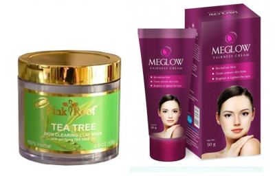 Pink Root TEA TREE MASK 100G WITH MEGLOW WOMEN FAIRNESS CREAM(Set of 2)
