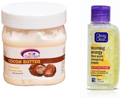 PINKROOT COCOA BUTTER CREAM 500ML WITH CLEAN & CLEAR LEMON FACE WASH(2 Items in the set)