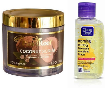 Pink Root COCONUT SCRUB 100G WITH CLEAN & CLEAR LEMON FACE WASH(Set of 2)