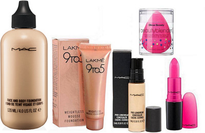 

Divas Beauty Sponge Puff, Weightless Mousse Foundation and pro longwear concealer and Yum Yum Lipstick, Liquid Foundation Face & Body 120 ml(Set of 5)