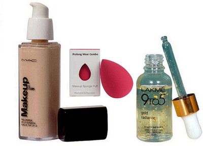 

Ultimate sponge puff, Lakme 9to5 gold radiance youth infinity skin face serum,Mac Makeup 24hr Pro Long Wear Spf 10 Foundation(Set of 3)