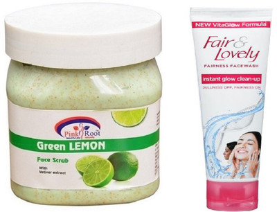 

Pink Root GREEN LEMON SCRUB 500ML WITH FAIR & LOVELY INSTANT GLOW CLEAN-UP FACE WASH(Set of 2)