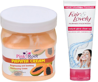 

Pink Root PAPAYA CREAM 500ML WITH FAIR & LOVELY INSTANT GLOW CLEAN-UP FACE WASH(Set of 2)