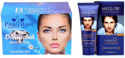 

Pink Root DIAMOND BLEACH 250G WITH MEGLOW MEN FAIRNESS CREAM (SPF-15)(Set of 2)
