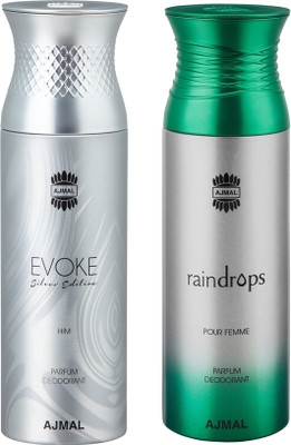 

Ajmal EvokeSilverHim & Raindrops Deodorants for Men & Women pack of 2 Deodorant Spray - For Men & Women(400 ml, Pack of 2)