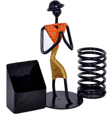 D&V ENGINEERING 2 Compartments IRON Pen,Pencil and Visiting card holder with attractive welcome gesture lady(orange & gold )(Black)