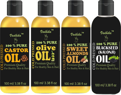 

Vadhika Premium Blackseed(kalonji) Oil , Olive Oil , Castor Oil And Sweet Almond Oil Combo Of 4 Bottles Of 100 Ml(400ml) Hair Oil(400 ml)