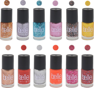 

BELLE Set of 12 Nail Enamel Glossy , Glitter and Metallic 5 ml each MultiColor(Pack of 12)