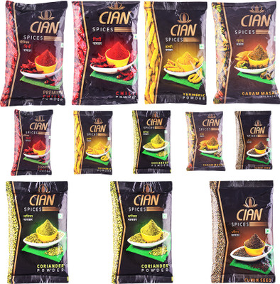 

cian Spice Combo Pack of 12- 950Gm (Red Chilli Powder 100gm + Premium Chilli Powder 100gm + 2 Corriander Powder 100gm + Turmeric Powder 100gm + Garam Masala 100gm + Cummin Seed Powder 100gm + Premium Chilli Powder 50gm + Corriander Powder 50gm + Turmeric 